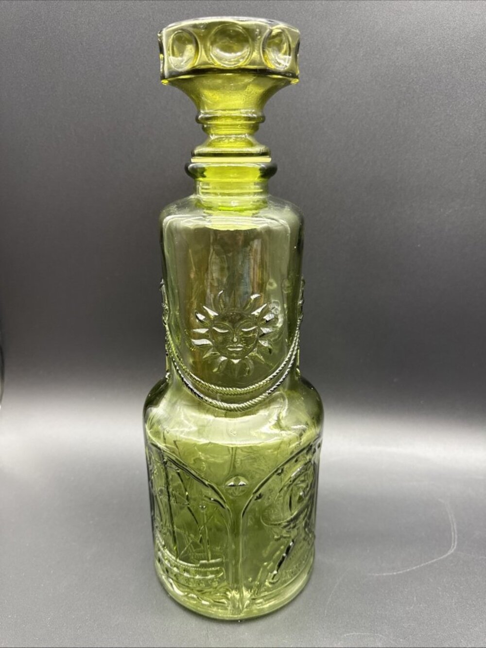 VTG MCM Empoli Nautical Celestial Ship Sun Avocado Green Glass Decanter Barware